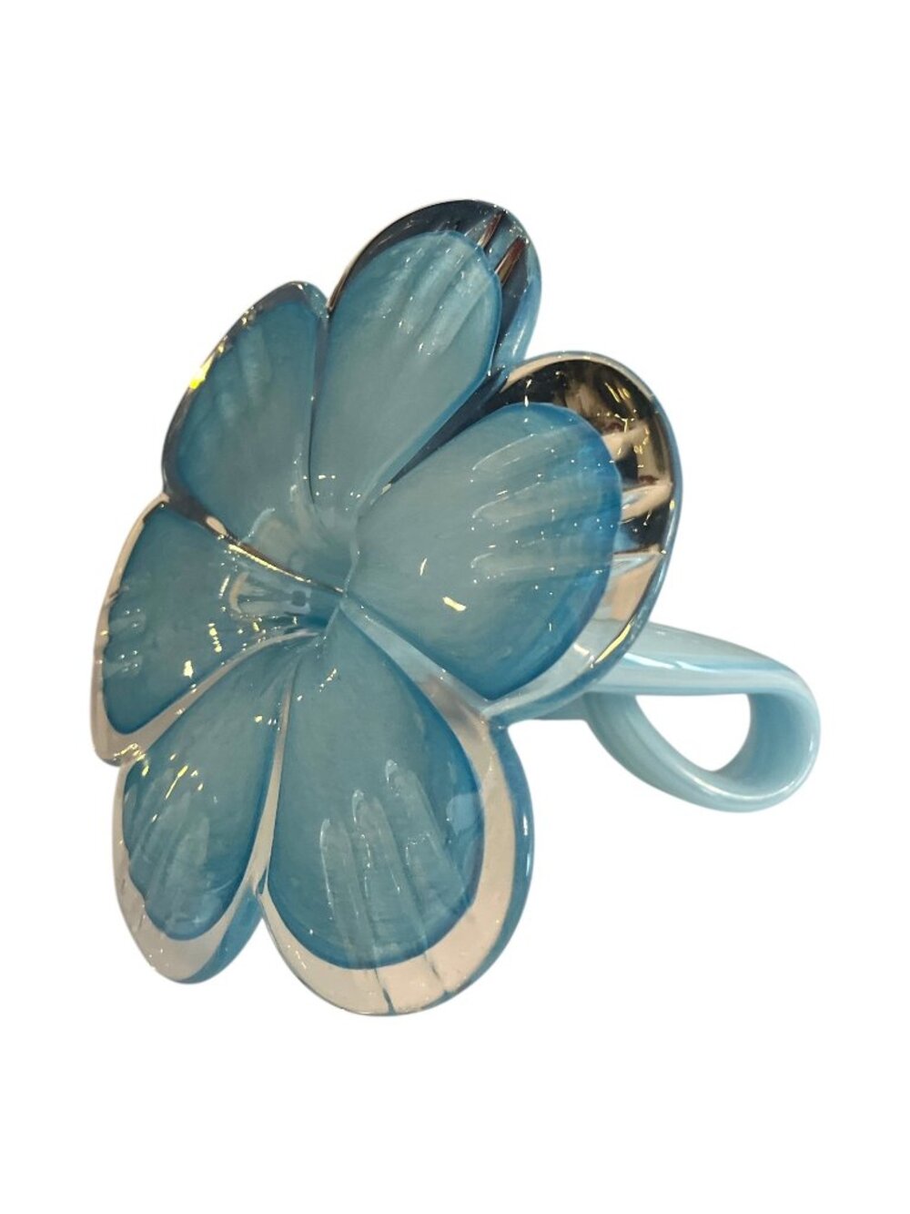 Vintage Art Glass Blue Flower Sculpture Hand Blown Swirl Stem Mid Century Style